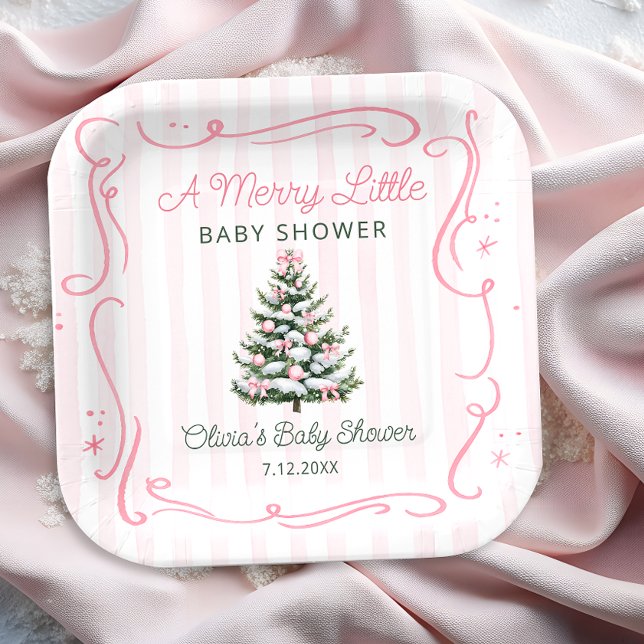 Christmas Tree Pink Winter Baby Shower Paper Plate (Creator Uploaded)