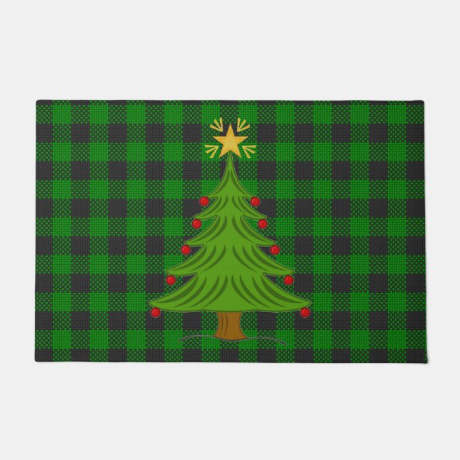Christmas Tree Plaid Check Stripe Green Black2 Doormat (Front)