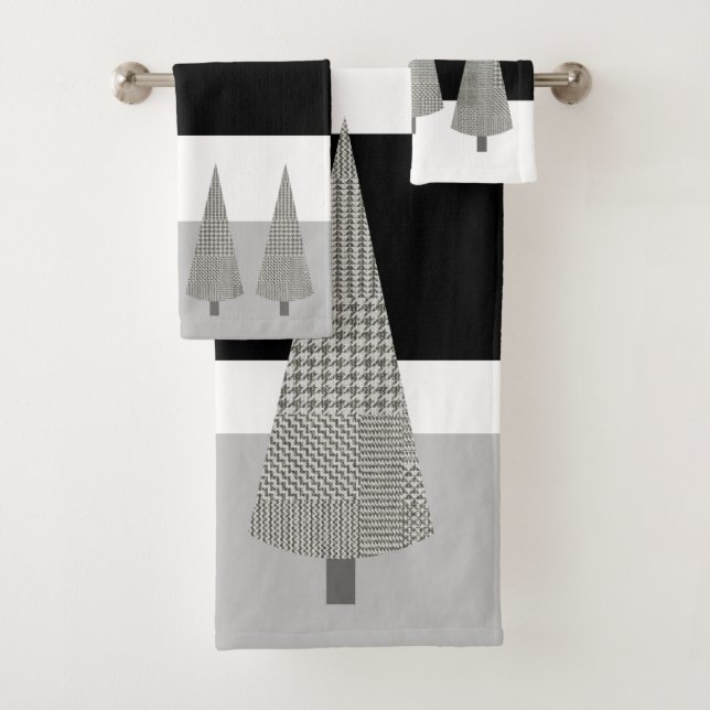 Christmas Tree Plaid Pattern on White Stripes Grey Bath Towel Set (Insitu)