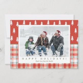 Christmas Tree Plaid Watercolor Personalized Photo Holiday Card