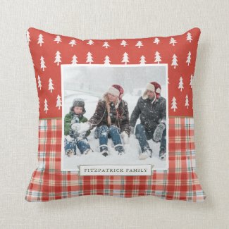 Christmas Tree Plaid Watercolor Photo Personalized Throw Pillow
