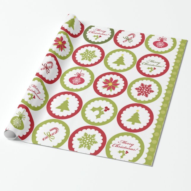 Christmas tree poinsettia snowflakes pattern wrapping paper (Unrolled)