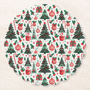 Christmas tree, presents, candy cane paper coaster