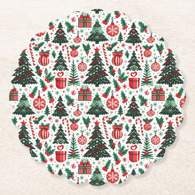Christmas tree, presents, candy cane paper coaster (Front)