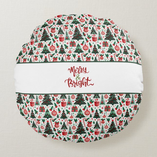 Christmas tree, presents, candy cane round pillow (Front)