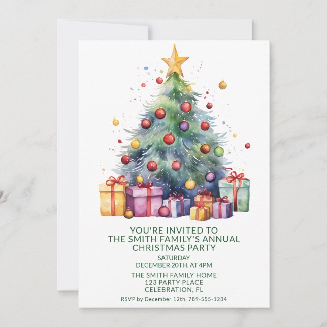 Christmas Tree Presents Green Party Invitation (Front)