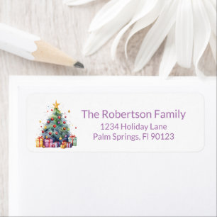 Christmas Tree Presents Purple Return Address
