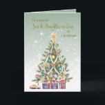 Christmas tree, presents, Son & Daughter-in-Law Holiday Card<br><div class="desc">Christmas tree with a lot of decorations and presents set against a pale green background with sparkling stars. A Gorgeous Christmas card for your Son and Daughter -in-Law. You can adjust text according to your requirements.</div>