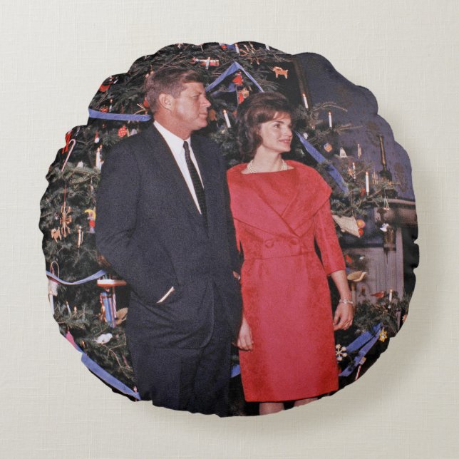 Christmas Tree President John Kennedy & Jacqueline Round Pillow (Front)
