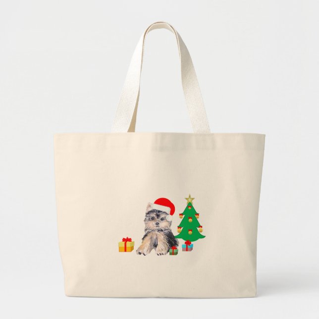 Christmas tree, puppy dog and gift art large tote bag (Front)