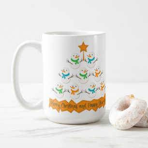 Christmas tree pyramid made of xmas snowmen coffee mug