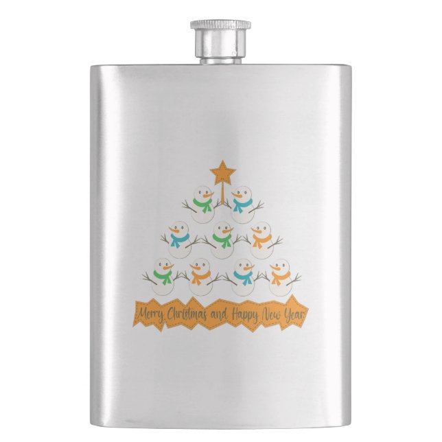 Christmas tree pyramid made of xmas snowmen hip flask (Front)