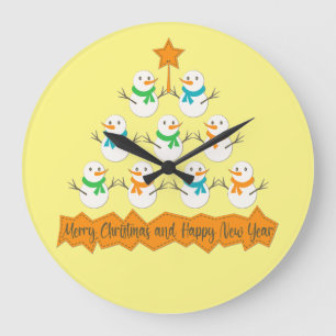 Christmas tree pyramid made of xmas snowmen large clock