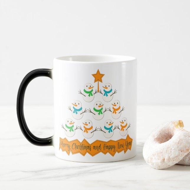 Christmas tree pyramid made of xmas snowmen magic mug (With Donut)