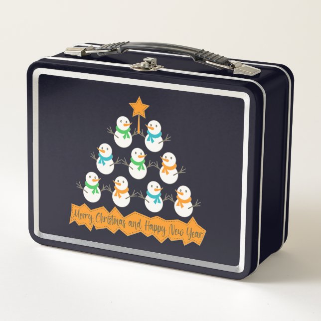 Christmas tree pyramid made of xmas snowmen metal lunch box (Front)