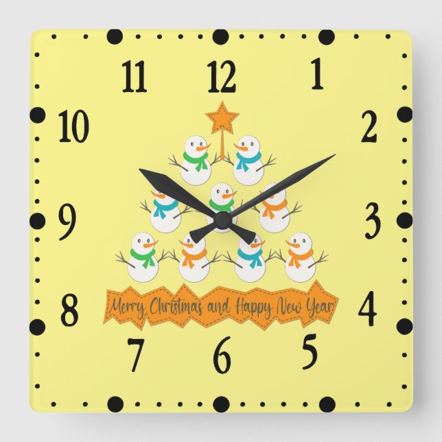 Christmas tree pyramid made of xmas snowmen square wall clock (Front)