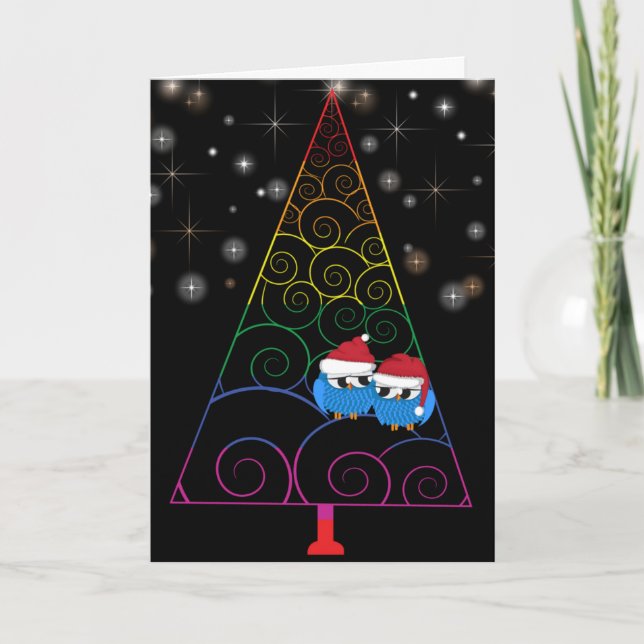 Christmas Tree Rainbow And Two Owls Holiday Card (Front)