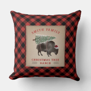 Christmas Tree Ranch Bison Buffalo Plaid  Throw Pillow