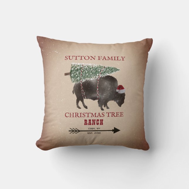 Christmas Tree Ranch Buffalo Bison Arrow Santa Throw Pillow (Front)