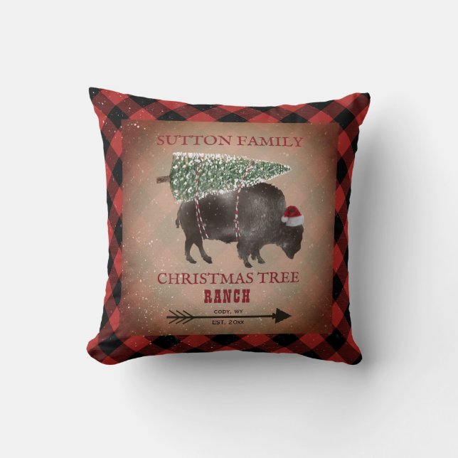 Christmas Tree Ranch Buffalo Plaid Bison Santa Throw Pillow (Front)