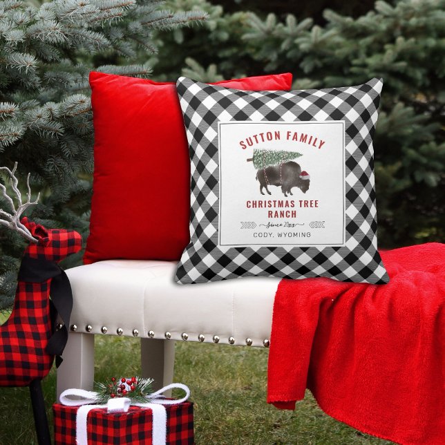 Christmas Tree Ranch Santa Bison Buffalo Plaid Throw Pillow (Creator Uploaded)
