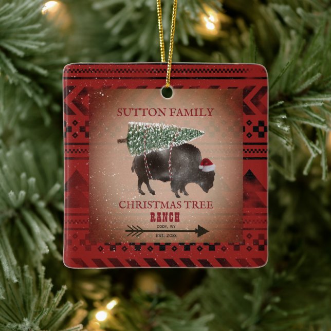 Christmas Tree Ranch Santa Bison Geometric Ceramic Ornament (Tree)