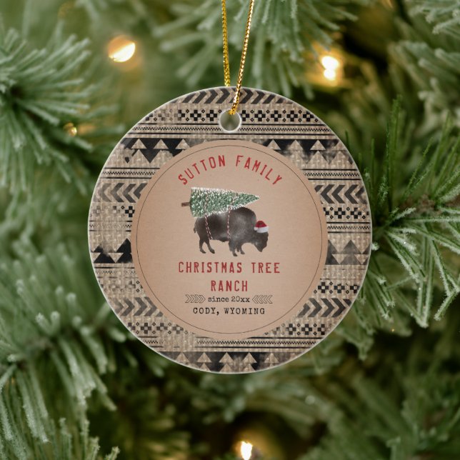 Christmas Tree Ranch Santa Buffalo Burlap Ceramic Ornament (Tree)