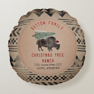 Christmas Tree Ranch Santa Buffalo Burlap Round Pillow