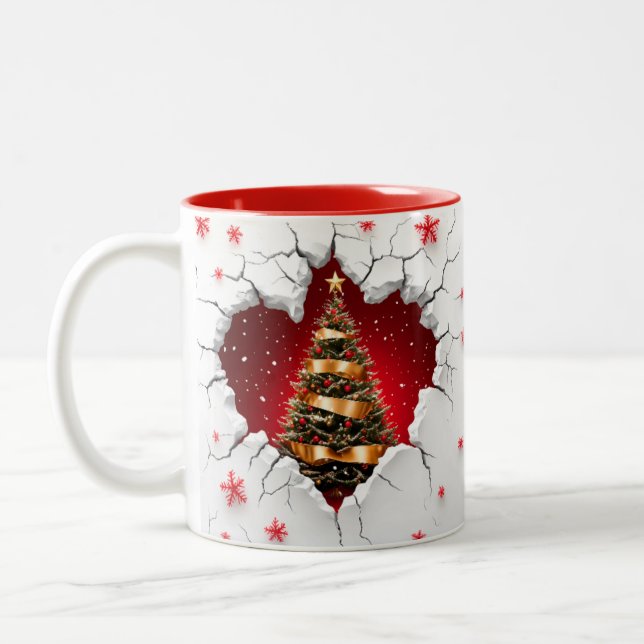 Christmas Tree, Red and Gold- Black Interior Two-Tone Coffee Mug (Left)