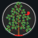 Christmas Tree Red Bird Round Sticker<br><div class="desc">A pretty little red cardinal perches in this evergreen tree.  Makes a beautiful seal on your holiday envelopes and matches perfectly with our Holiday Party Invitation and address labels in the same design.</div>