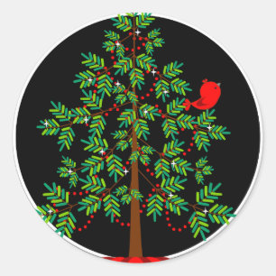 Christmas Tree Red Bird Round Sticker