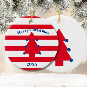 Christmas Tree Red Blue White Ceramic Ornament