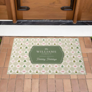 Christmas Tree Red Bow Family Name Holiday Doormat