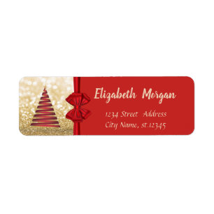 Christmas Tree, Red Bow, Gold Glittery Holiday