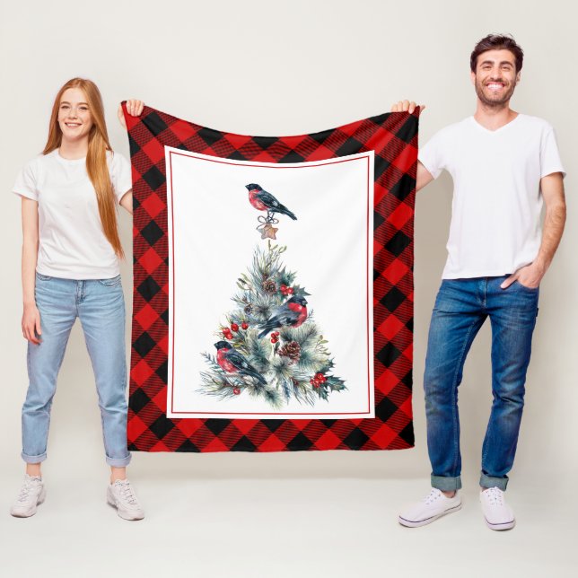 Christmas tree & Red Bullfinch Fleece Blanket (In Situ)