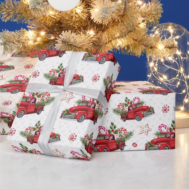 Christmas Tree Red Car Watercolor Holiday Wrapping Paper (Holidays)