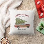 Christmas Tree Red Family Wagon Car Throw Pillow<br><div class="desc">Illustration of a wood panelled red suv car with fresh cut Christmas tree tied to its top.  Personalize the text.</div>