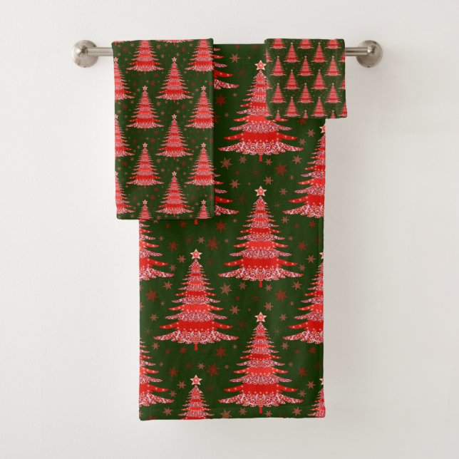 Christmas Tree Red Green Pattern Design Bath Towel Set (Insitu)