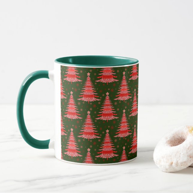 Christmas Tree Red Green Pattern Design Mug (With Donut)