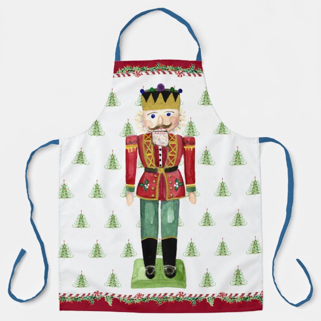 Christmas Tree Red Nutcracker Watercolor Holly Apron (Front)