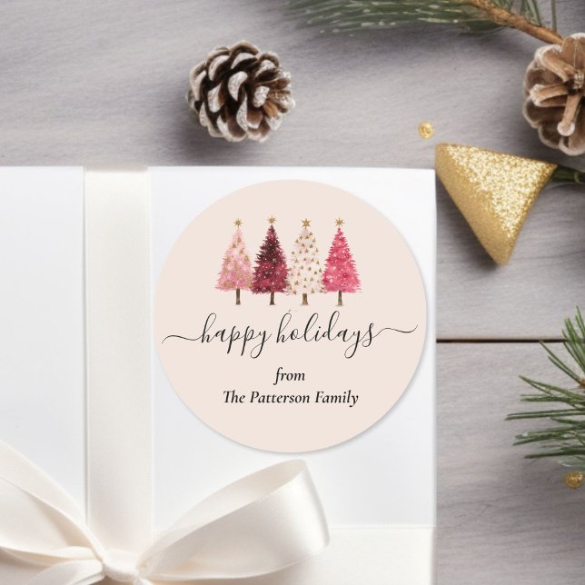 Christmas Tree Red Pink  Blush Beige Custom Classic Round Sticker (Christmas Tree Red Pink Blush Beige Custom Classic Round Sticker)