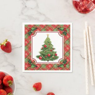 Christmas Tree Red Plaid with Holly Napkin