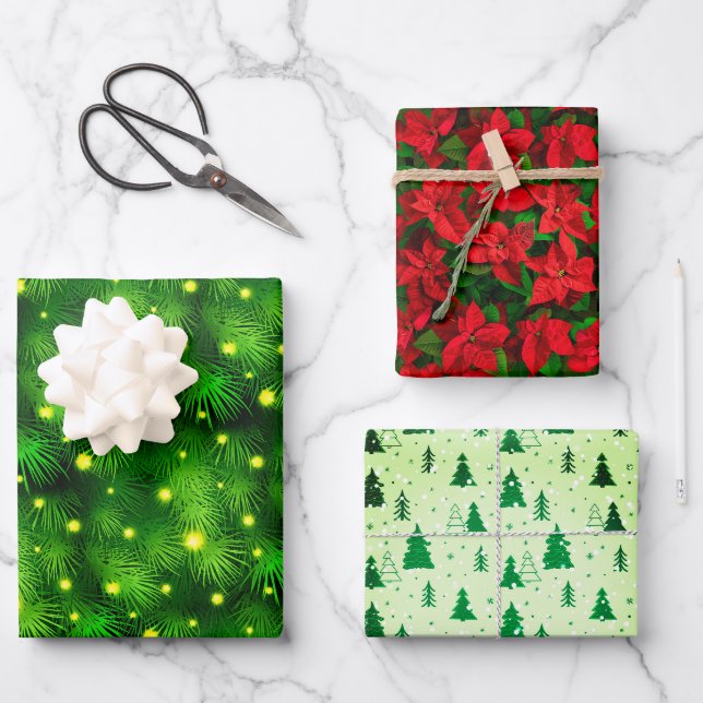 Christmas tree Red Poinsettia red & green holiday Wrapping Paper Sheet (Front)