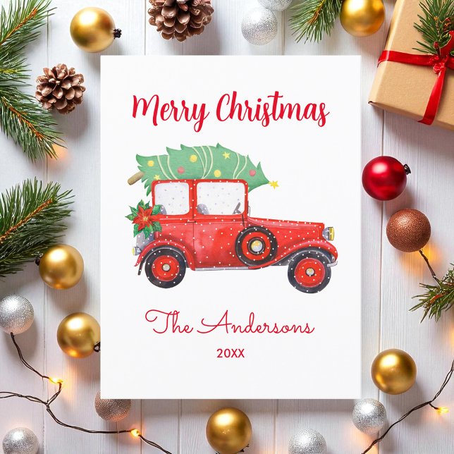 Christmas Tree Red Truck White Postcard (Creator Uploaded)