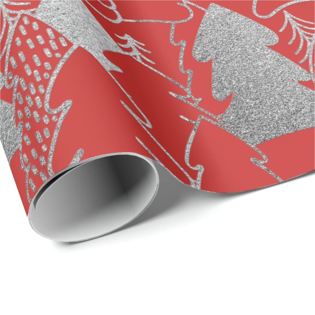 Christmas Tree Red Wine Silver Grey Glitter Wood Wrapping Paper (Roll Corner)
