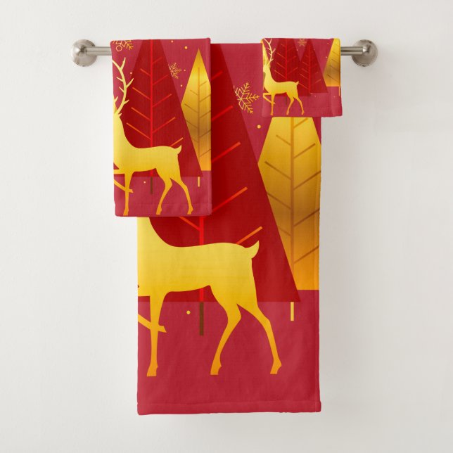 Christmas Tree & Reindeer Modern Girly Pattern Bath Towel Set (Insitu)