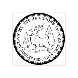 Christmas Tree & Reindeer Round Return Address Rubber Stamp
