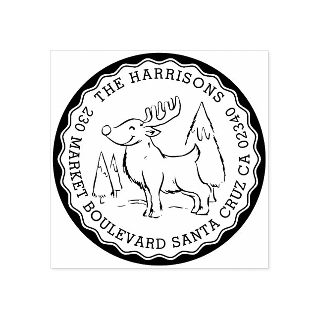 Christmas Tree & Reindeer Round Return Address Rubber Stamp (Imprint)