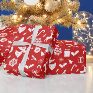 Christmas Tree Reindeer Snowflake Angel Red White Wrapping Paper