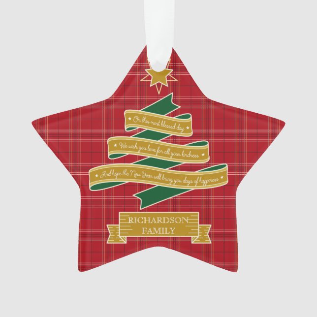 Christmas Tree Ribbon Red Plaid Star Custom Banner Ornament (Front)